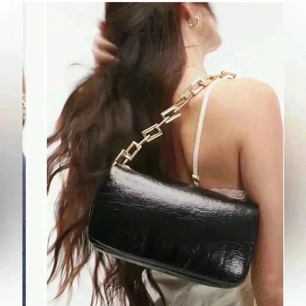 Topshop Black Patent Shoulder Bag with Chunky Gold Chain